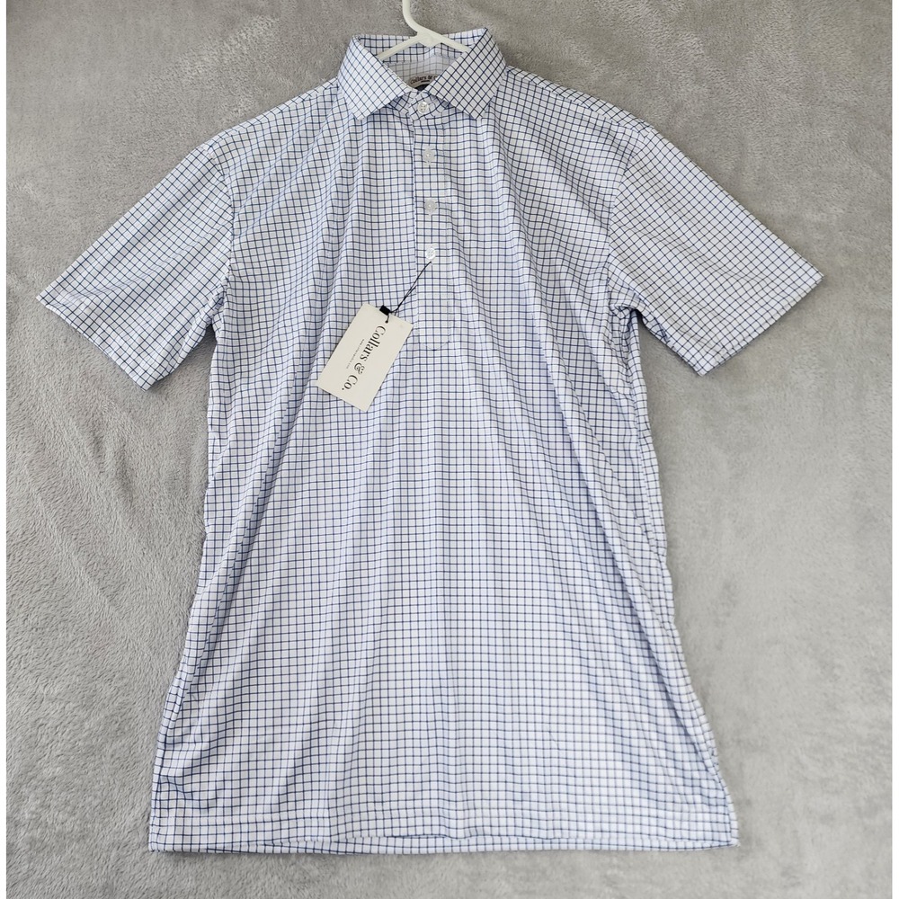 Collars & Co Polo Shirt Mens Size Large Navy Blue Check Semi Spread Travel NWT